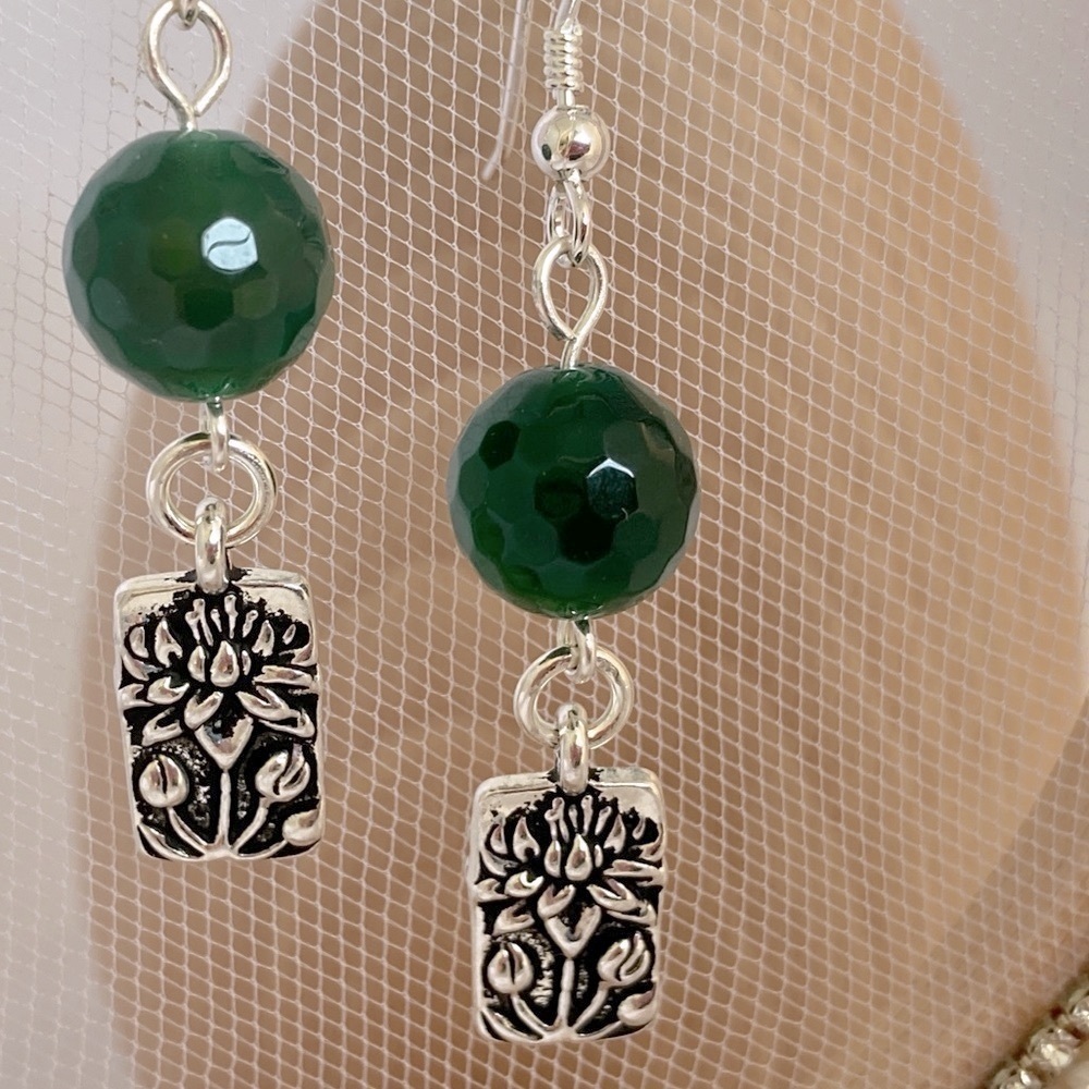 Forest Green Agate and Lotus Charm Dangle Earrings